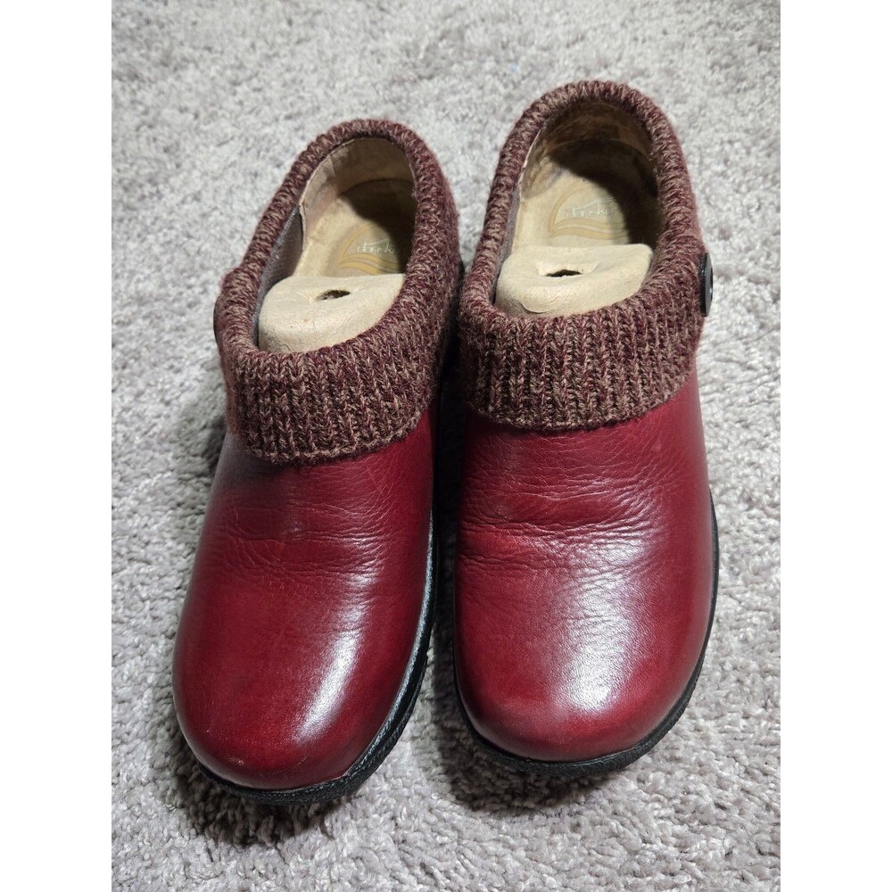 Dansko Red Leather Mules with Brown Knit Trim